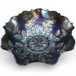 Vintage Blue Carnival Glass Bowl Grape Leaf Pattern (Often Called Holly Berry)